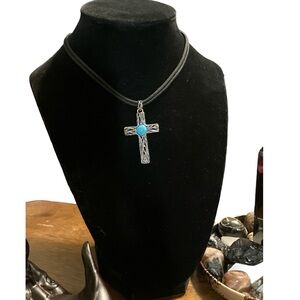 925 Israel PZ Sterling Silver Turquoise Cross - Brutalist Twig / Wire Design